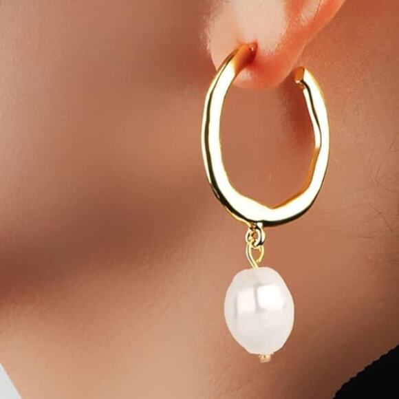 Gold Ruffled Hoop Earrings with Pearl Charm - Picture 2 of 2